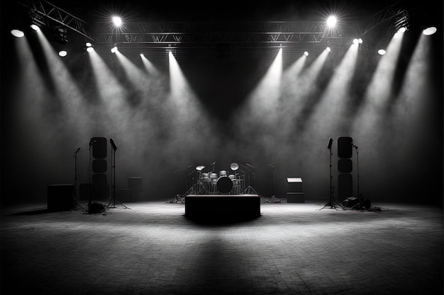 A Digital Art of an Empty Music Concert Stage with Lighting On and Smoke in Cinematic Photography