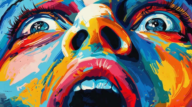 Digital art of a face captured in a pop art style featuring a highly expressive and colorful visage