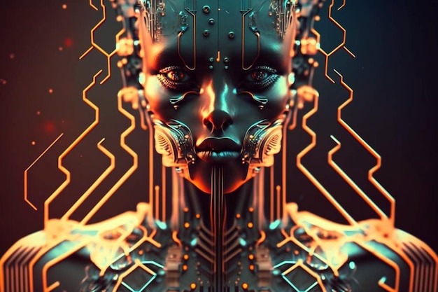 A digital art of a female robot with a glowing face.