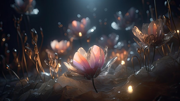 A digital art of flowers with a light in the background