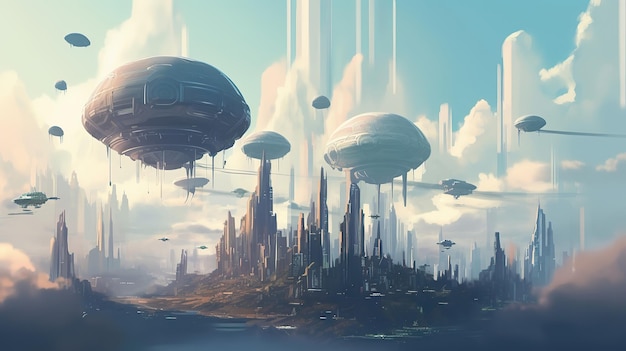 Digital art of a futuristic floating city in the sky showcasing advanced architecture and technology AI generated