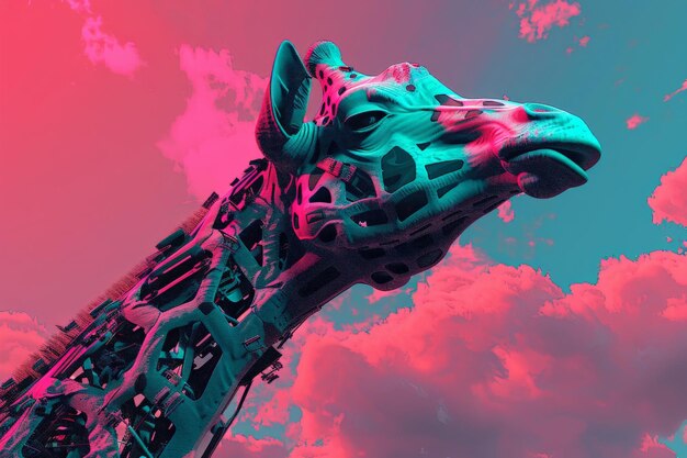 Photo digital art giraffe design with futuristic elements and vibrant colors against a cloudy sky background