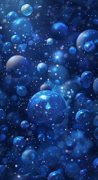 Digital art of glowing blue bubbles and galaxies in deep space