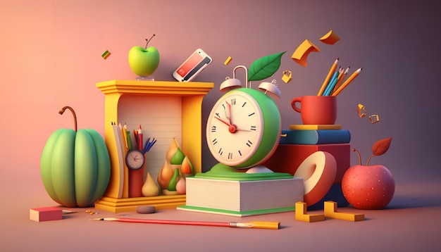 Digital art of a green clock on a stack of books