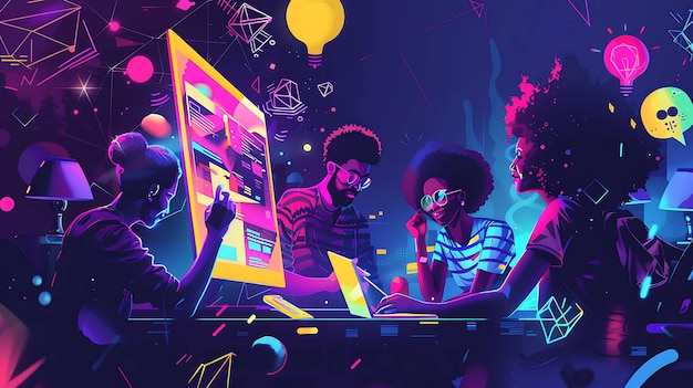 a digital art of a group of people working on a computer