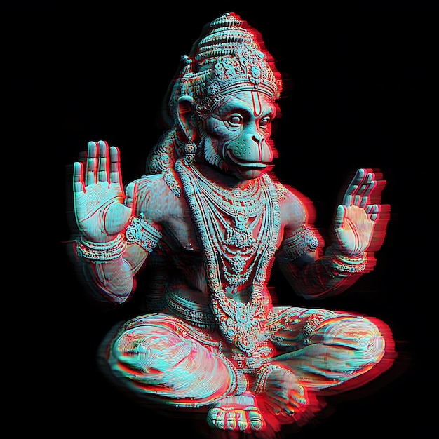 Photo digital art of hindu god hanuman with glitch effect