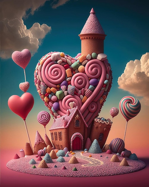 A digital art of a house made of candy