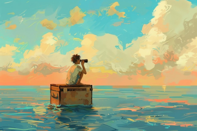 Digital art illustration of boy with binoculars sitting on floating suitcase colorful sea at sunset