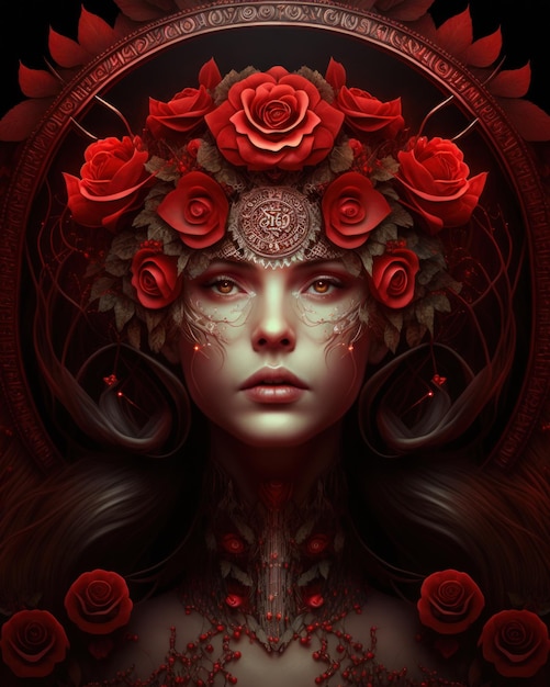 Digital art illustration of goddess of love with red roses