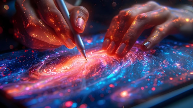 Photo digital art illustration of hands drawing a galaxy on a tablet