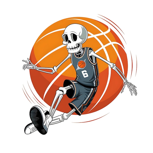 A digital art illustration of a humorous scene of a skeleton in a basketball jersey