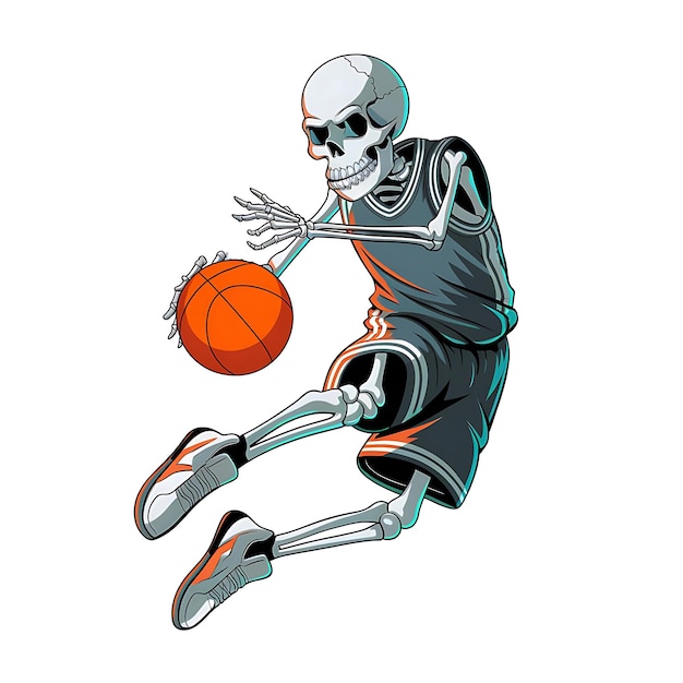 A digital art illustration of a humorous scene of a skeleton in a basketball jersey