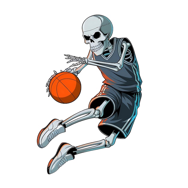 A digital art illustration of a humorous scene of a skeleton in a basketball jersey