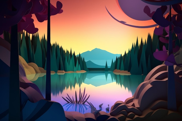 A digital art illustration of a lake with mountains in the background.