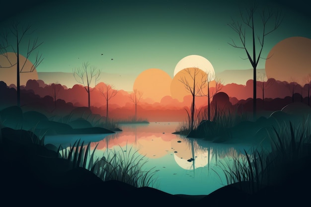 A digital art illustration of a lake with a sunset and the moon.