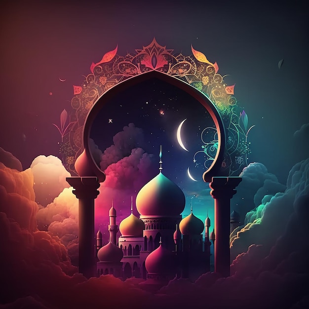 A digital art illustration of a mosque with a moon and stars.