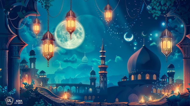 a digital art illustration of a night scene with a moon and a moon in the background