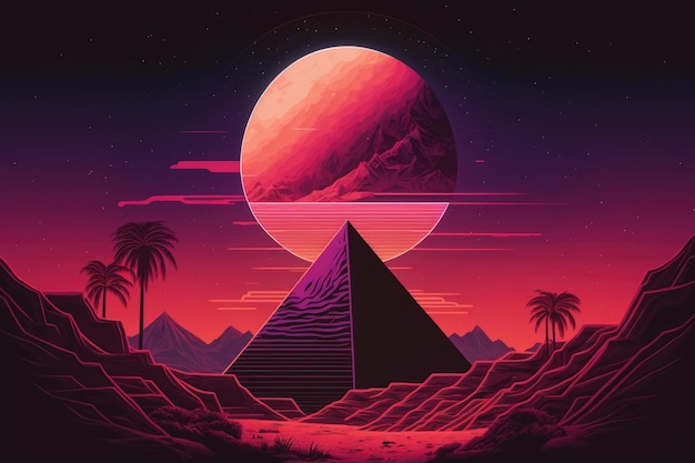 A digital art illustration of a pyramid and palm trees