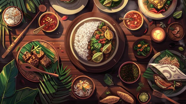 Photo a digital art illustration of a table with food and rice