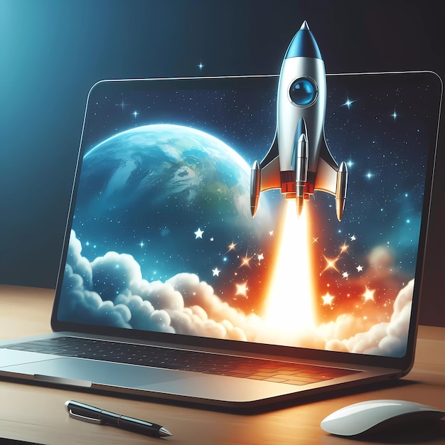 Digital Art of Launching Space Rocket from Laptop Screen Internet Business