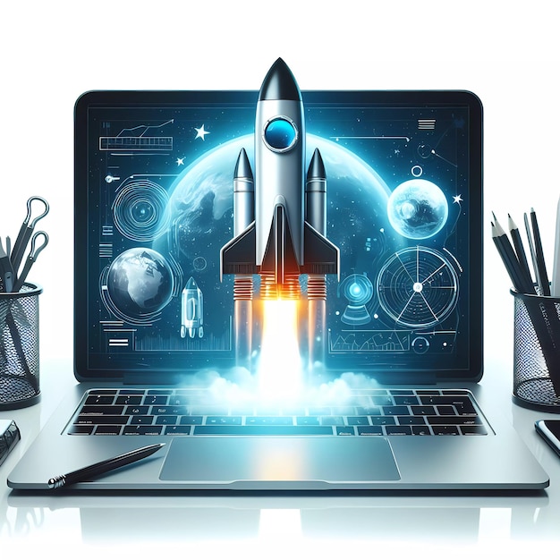 Digital Art of Launching Space Rocket from Laptop Screen Internet Business