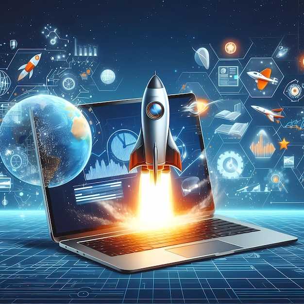 Digital Art of Launching Space Rocket from Laptop Screen Internet Business