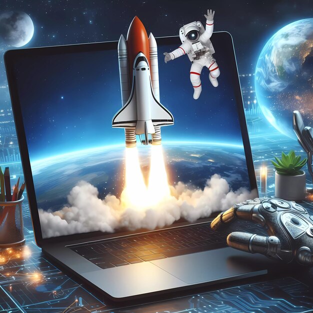 Digital Art of Launching Space Rocket from Laptop Screen Internet Business