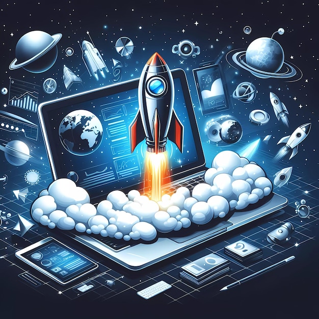 Digital Art of Launching Space Rocket from Laptop Screen Internet Business