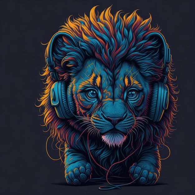 A digital art of a lion with headphones on his head