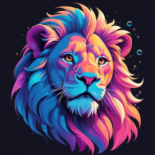 Digital Art of a Lion with Neon Colors and Bubbles