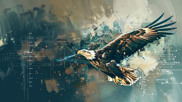 Photo digital art of a majestic eagle soaring with abstract background elements depicts freedom and strength with artistic brushstroke effects