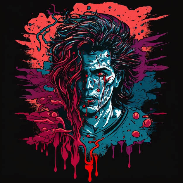 A digital art of a man with a bloody face and a red and blue background.