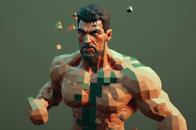 A digital art of a man with a green square on his chest.