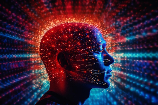 A digital art of a man with a neon blue and red brain