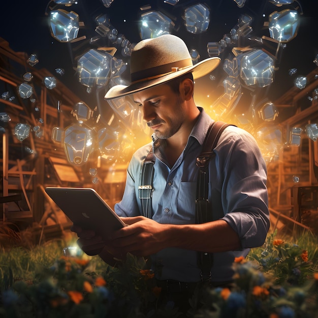 Photo digital art of a modern farmer using advanced technology on farm