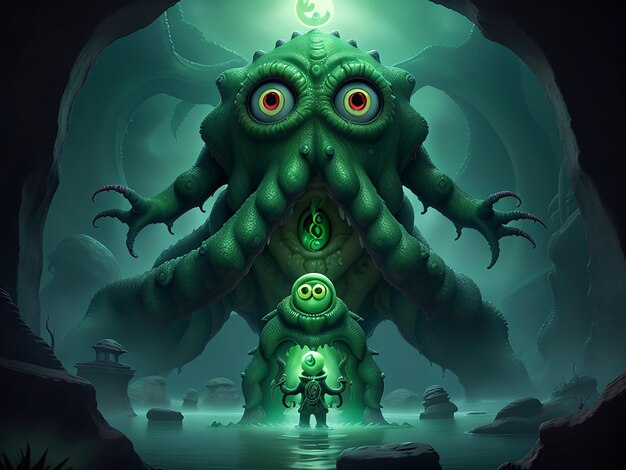 A digital art of a monster with three eyes and a green background with the text call of Cthulhu