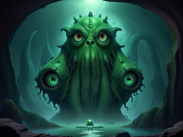 A digital art of a monster with three eyes and a green background with the text call of Cthulhu