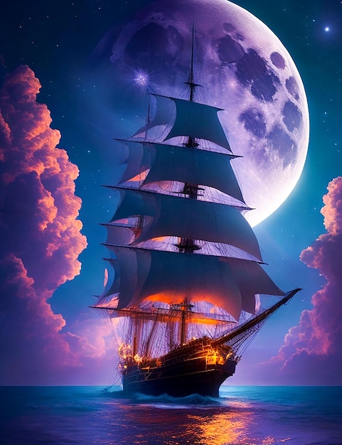 Digital art moon and boat Generated by AI