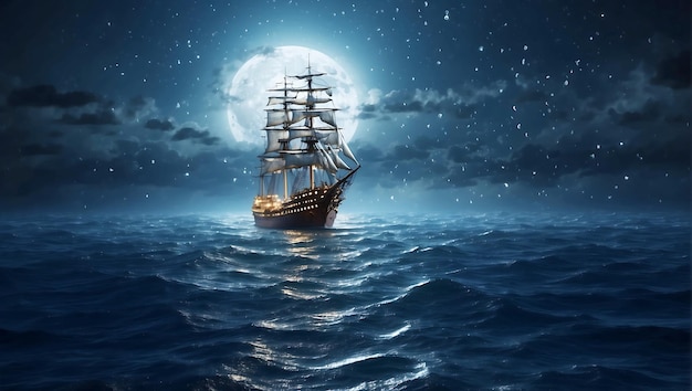 Digital art moon and boat on ocean in the midnight