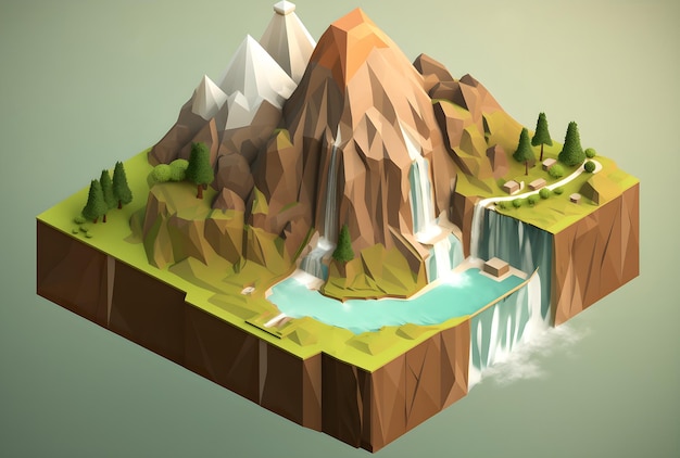 A digital art of a mountain landscape with mountains and a lake.