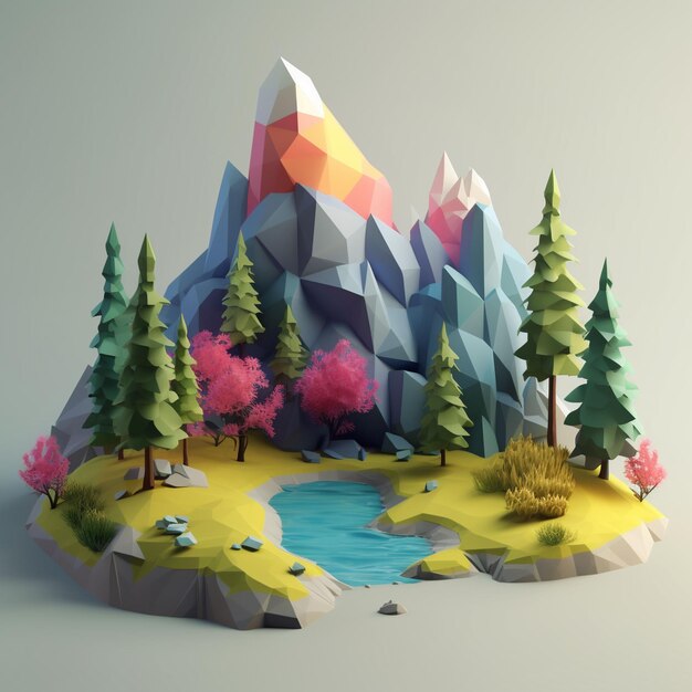 A digital art of a mountain scene with a lake and mountains.