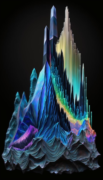 A digital art of a mountain with a rainbow pattern.