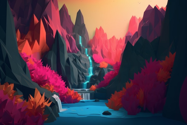 A digital art of a mountain with a waterfall in the middle