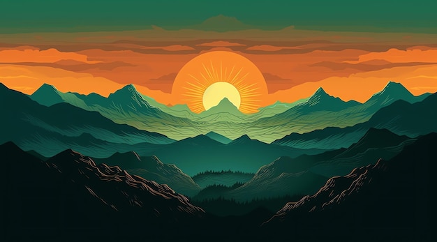 A digital art of mountains with the sun shining on the horizon.