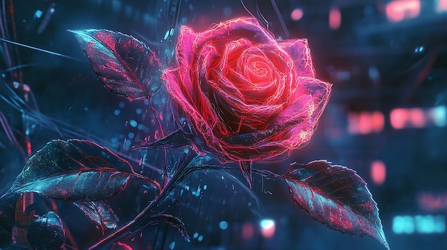 Photo digital art of neon rose with cyberpunk