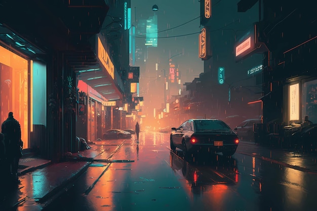 A digital art painting of a cyberpunk rainy street digital art illustration