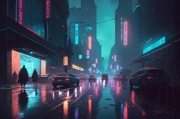 A digital art painting of a cyberpunk street scene digital art illustration