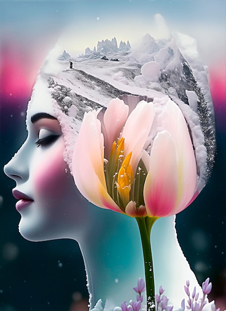 Digital art painting woman with flowers illustration