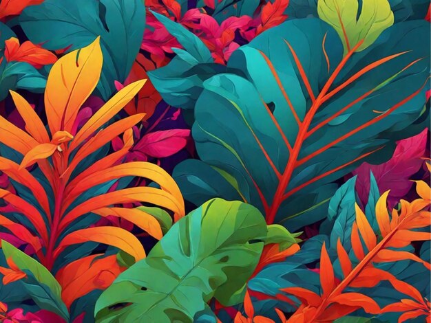 Digital art pattern of colorful botanical leaves