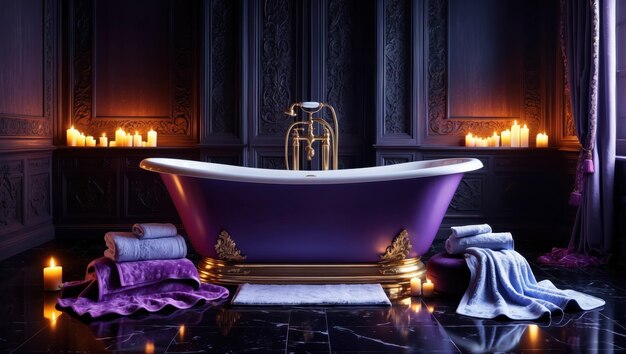 Photo digital art piece depicting a luxury purple bathtub